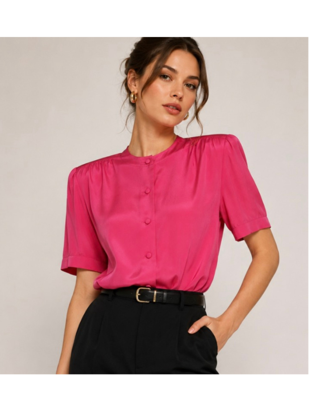 Vintage Ralph Lauren Silk Blouse Hot Pink 80s Power Shoulder Top Sz 10